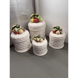 Vintage Ceramic Canister Fruit Lid Kitchen Storage Jars Basket Weave Set Of 4